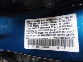2012 HONDA CIVIC LX BLUE 4DR 1.8L VTEC AT A17726